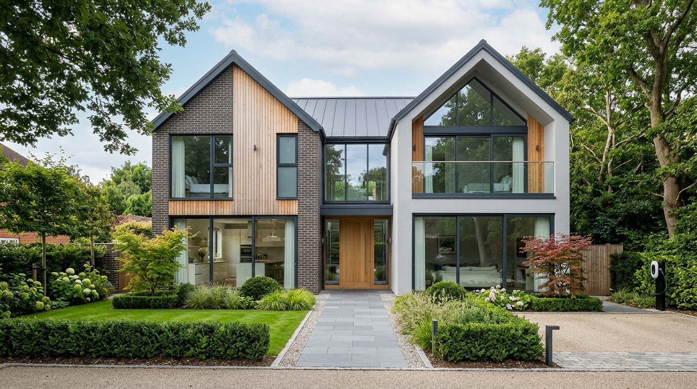 Modern British residential home with clean glass exterior