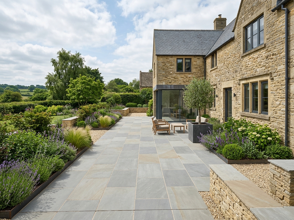 Clean natural stone paved terrace