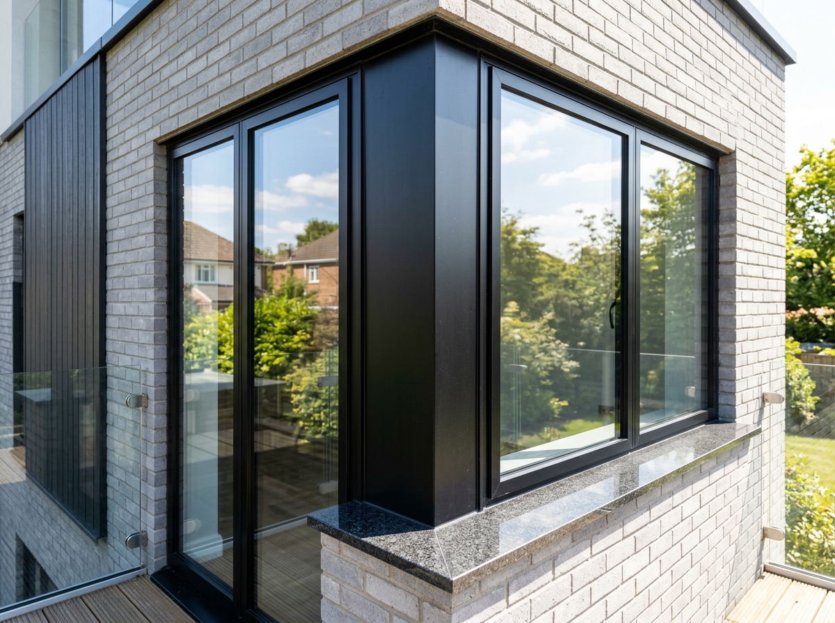 Pristine clean window glass, frames, and sills on a British home